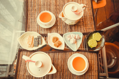 High angle view of breakfast on table