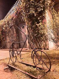 Bicycle parked by tree on field