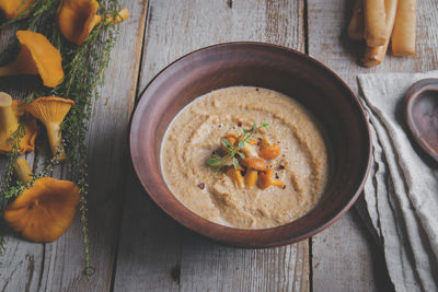 High angle view of soup in bowl on table