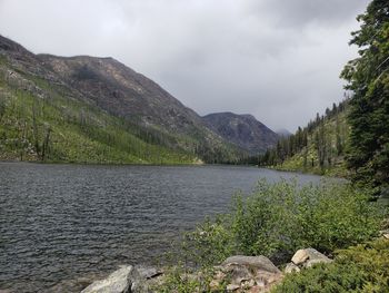 Scenic view of lake by mountains against sky