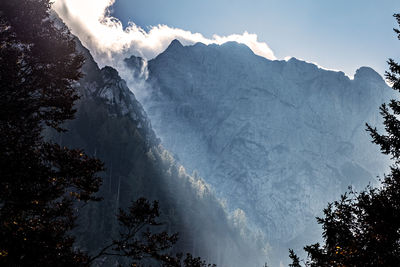 Low angle view of snowcapped mountains against sky