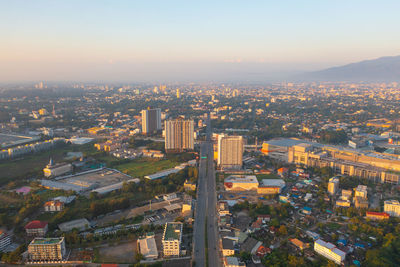 High angle shot of townscape against sky