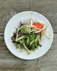 High angle view of salad in plate on table