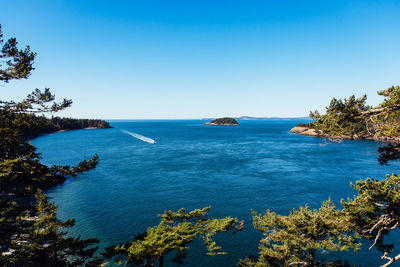 Scenic view of sea against clear blue sky