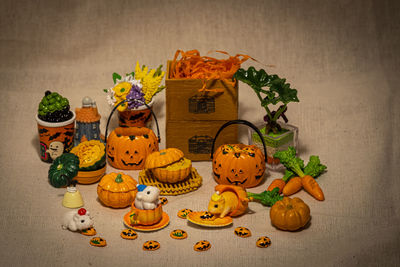 Various pumpkins in basket