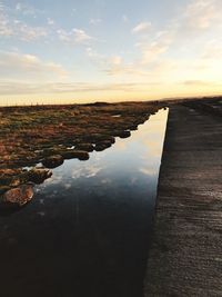 Reflection of clouds in water at sunset