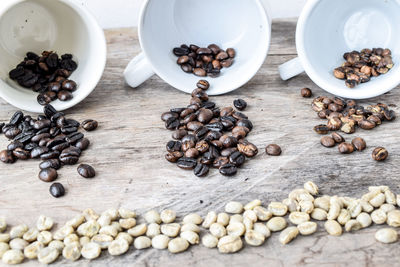 High angle view of coffee beans on table