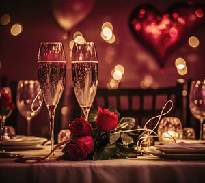 A beautifully arranged dinner table for a romantic evening featuring champagne glasses, roses,  etc. 