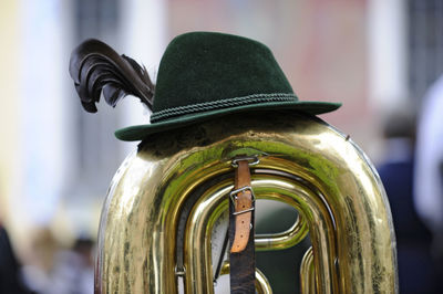 Close up of hat on musical instrument