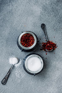 High angle view of spices in container