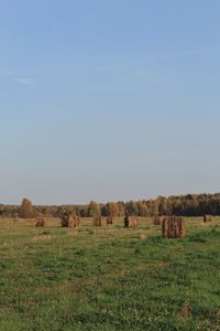 Hay bales on field against sky