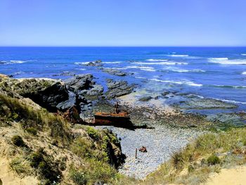 Scenic view of sea against clear blue sky