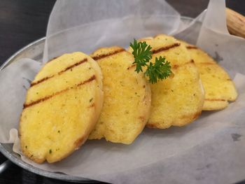 High angle view of bread in plate on table