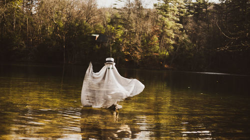 Rear view of woman standing in lake