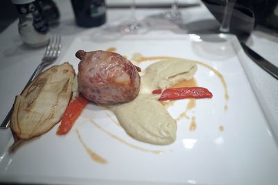 Close-up of served food in plate
