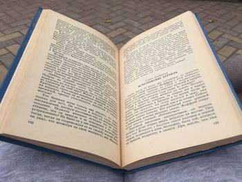 High angle view of text on book