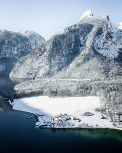 Scenic view of snowcapped mountains during winter