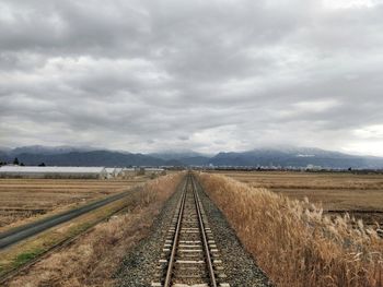 Railroad tracks on field against sky