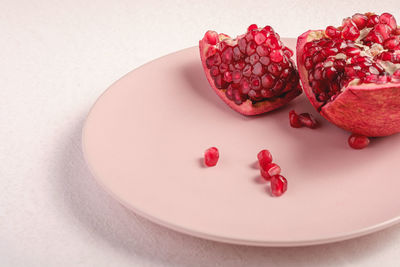 High angle view of fruits in plate on table