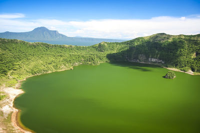 Scenic view of river amidst mountains against sky