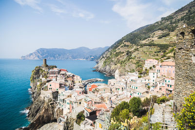 High angle view of houses in sea