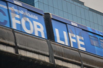 Low angle view of text on building