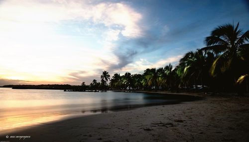 Scenic view of beach against sky during sunset