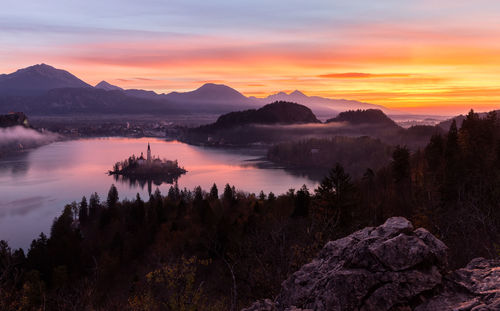 Scenic view of mountains against sky during sunset