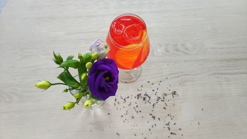 High angle view of rose bouquet on table