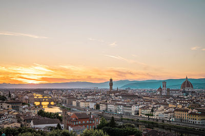 High angle view of buildings against sky during sunset