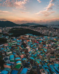 High angle view of townscape against sky during sunset