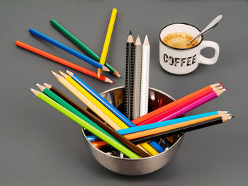 High angle view of colored pencils on table