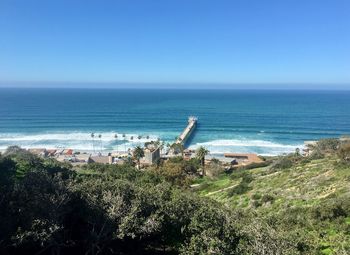 Scenic view of sea against clear blue sky