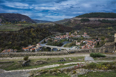 High angle view of houses and buildings in town