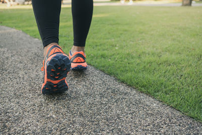 Low section of man wearing shoes on road