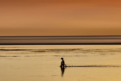 Silhouette fisherman in sea against sky during sunset