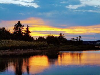 Scenic view of lake against sky at sunset