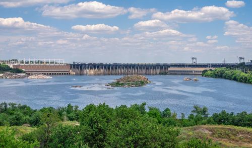 Panoramic view of the dnieper power station from the khortytsya island in zaporozhye, ukraine, 