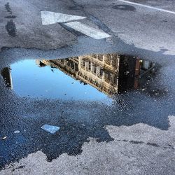 Reflection of buildings in puddle