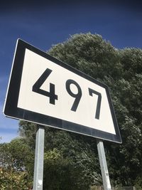 Low angle view of road sign against sky