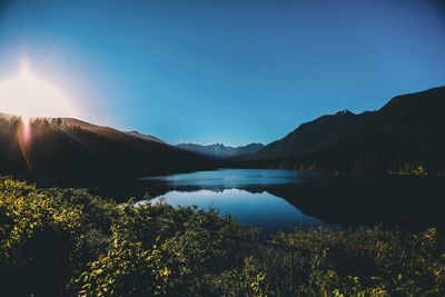 Scenic view of lake and mountains against clear sky