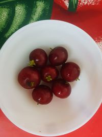 High angle view of fruits in plate on table