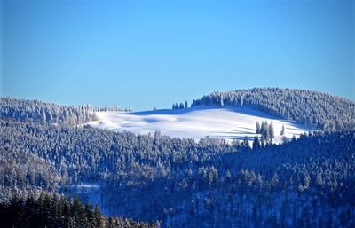 Panoramic view of landscape against clear blue sky during winter