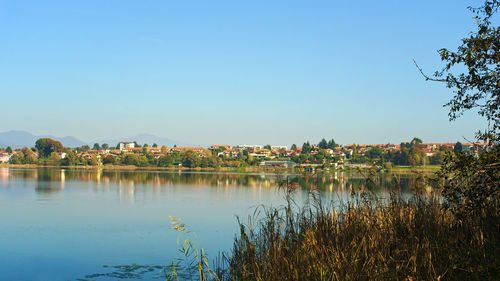 Scenic view of city against clear sky