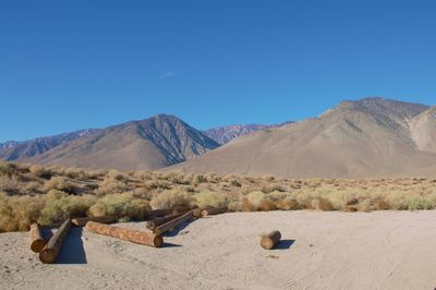 Scenic view of desert against clear blue sky