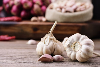 Close-up of garlic on table