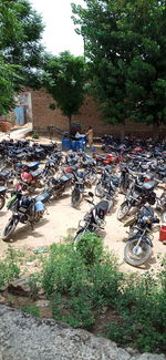 High angle view of bicycles parked on street in city