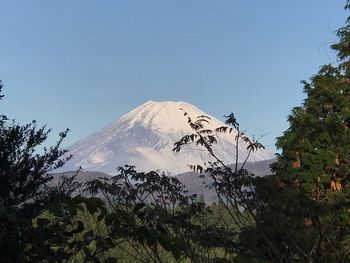 Scenic view of snowcapped mountains against clear sky