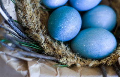 High angle view of multi colored eggs on table