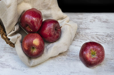 High angle view of apples on table